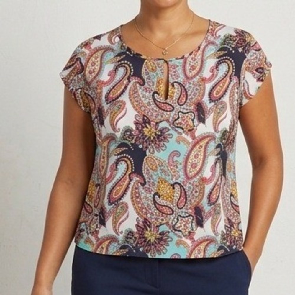 Van Heusen Womens Paisley Keyhole Blouse Black Mixed Media Top Large
